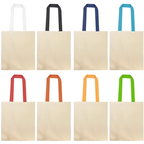 Cotton tote bags with coloured webbing handles in white, black, navy, teal, red, orange, and green. Each bag is beige.