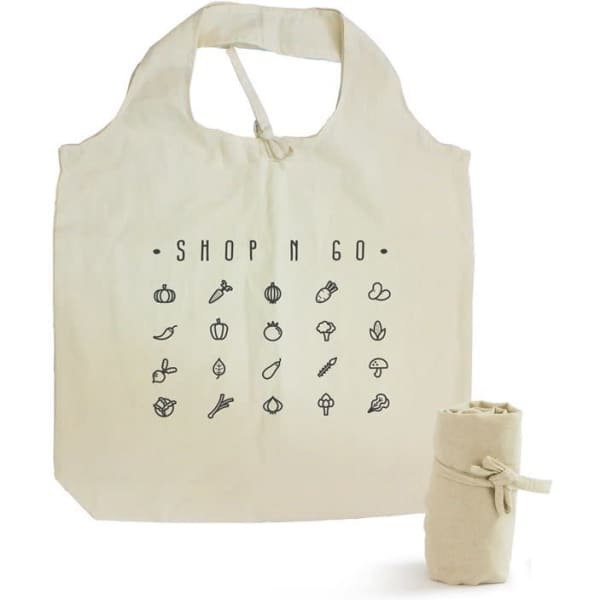 A natural cotton roll-up tote bag in cream, featuring various illustrated icons and a tied, rolled version beside it.