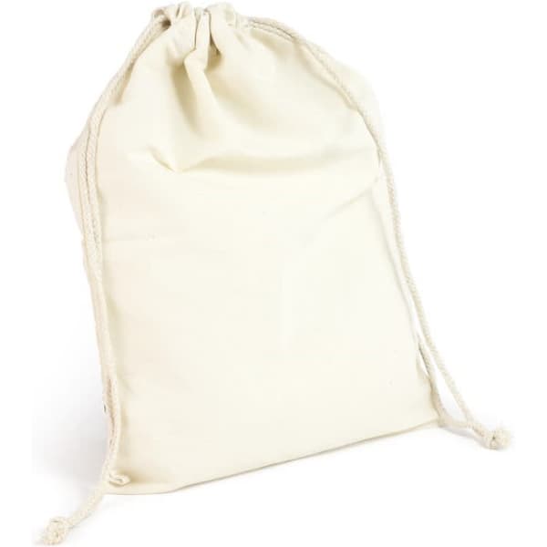 A cotton drawstring bag in cream colour with a cinched closure and matching drawstrings. It features a logo.