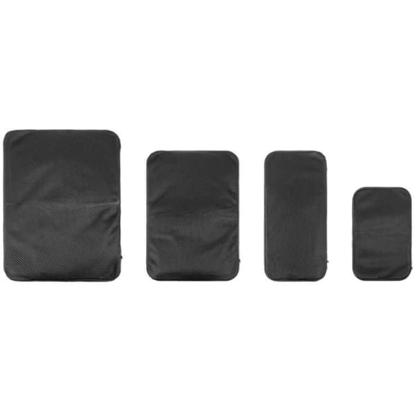 Four black packing cells of varying sizes, each featuring a textured surface and a logo.