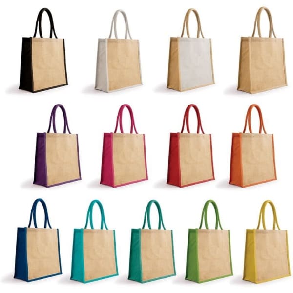 A display of Bonanza Jute Tote Bags in various colours including black, white, purple, pink, orange, and green. Each has a logo.