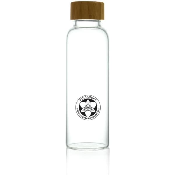 A drink bottle made of clear glass with a bamboo lid and a logo on the front.