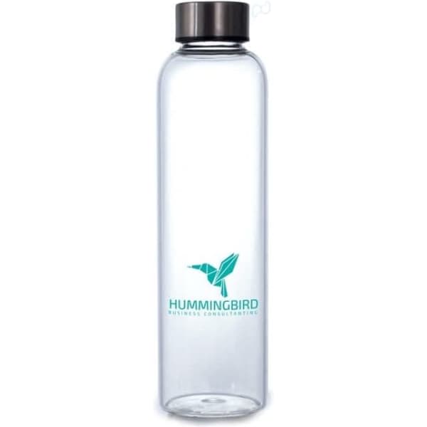 A drink bottle made of clear glass with a black lid and a green logo featuring a hummingbird.