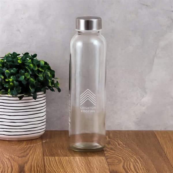 A drink bottle made of clear glass with a stainless steel screw cap, presented alongside a small potted plant.