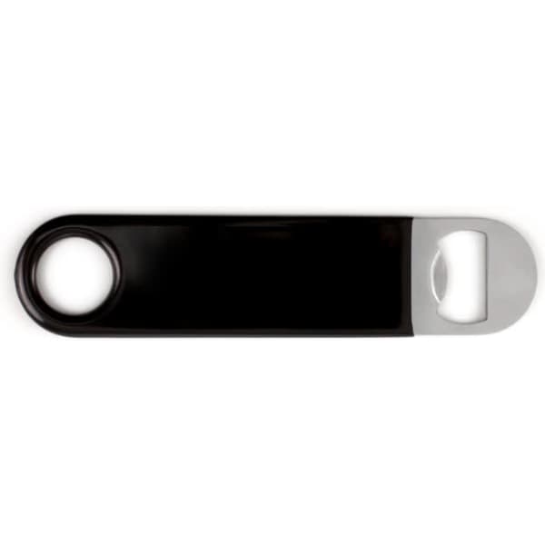 A drink bottle opener in black plastic with a silver metal cap remover, featuring a circular handle.