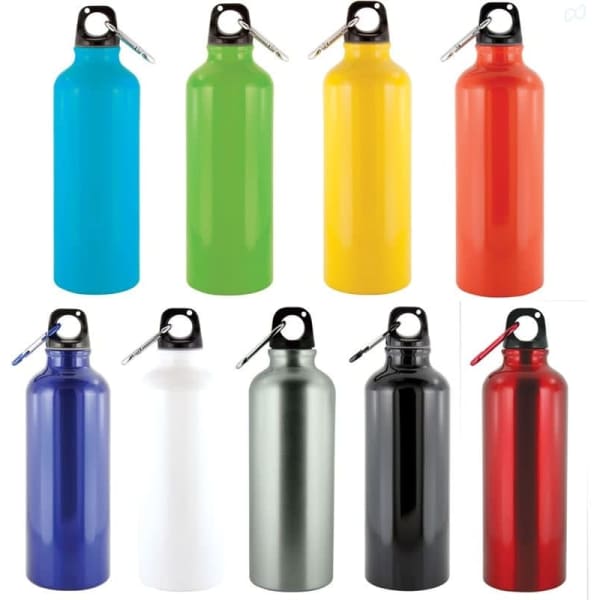 A drink bottle collection featuring blue, green, yellow, red, orange, purple, white, silver, and black finishes, all with a logo.