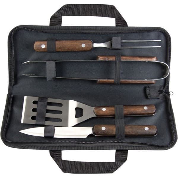 A BBQ tool set with stainless steel utensils, including a spatula, fork, knife, and other tools, in a black carrying case.