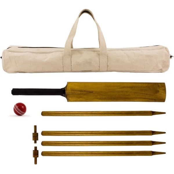 A cricket set featuring a wooden bat, red ball, four wooden stumps, and a carry bag in a light colour.
