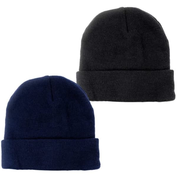 Two beanies are displayed, one in navy blue and the other in black, both featuring a fold-up cuff.