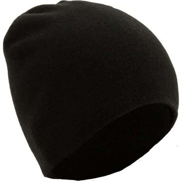 A black beanie with a smooth knit design. It features a simple, unadorned style and has a logo present.