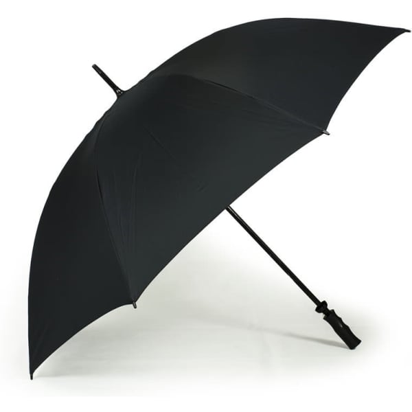 A black umbrella with a curved handle, featuring a logo on the shaft.