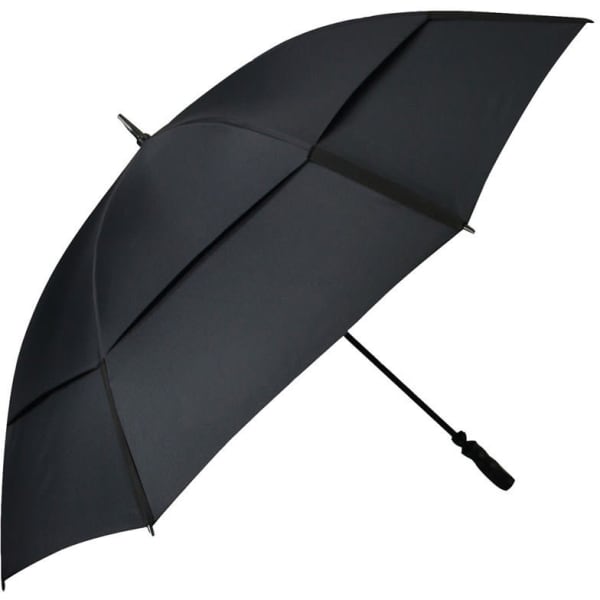 A black umbrella with a curved canopy and a sturdy handle, featuring a logo on the shaft.
