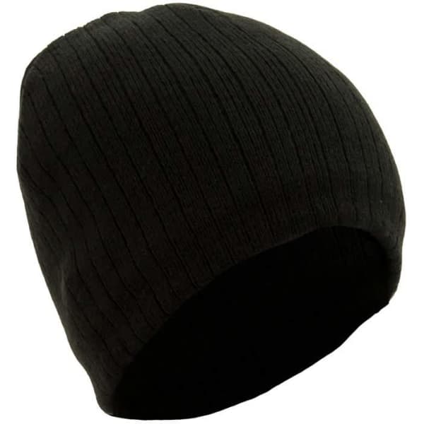A black cable knit beanie with a fleece lining and a logo.