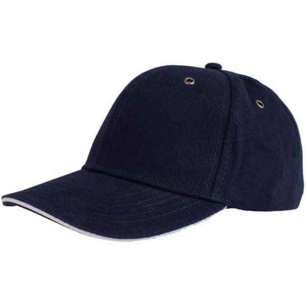 A navy cap with a curved peak and ventilation eyelets, featuring a branding logo.