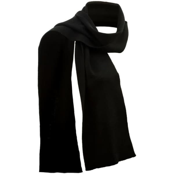 A black merino wool scarf, elegantly draped with a smooth and soft texture. It features a simple, modern design.
