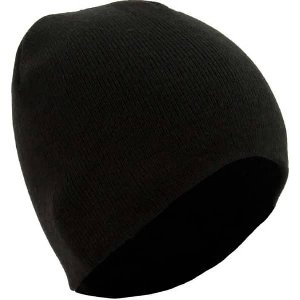 A black merino beanie with a smooth, ribbed texture and a simple, unadorned design.