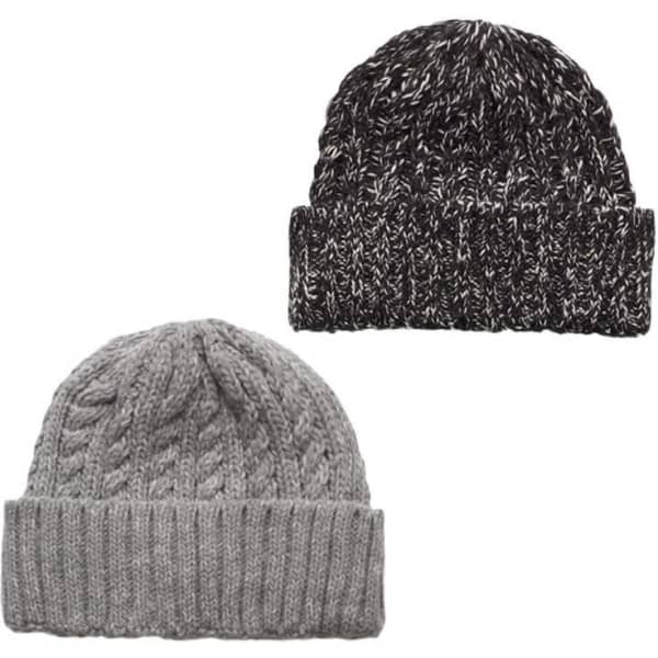 A chunky knit beanie set featuring a grey and a black speckled design, both with folded brims.