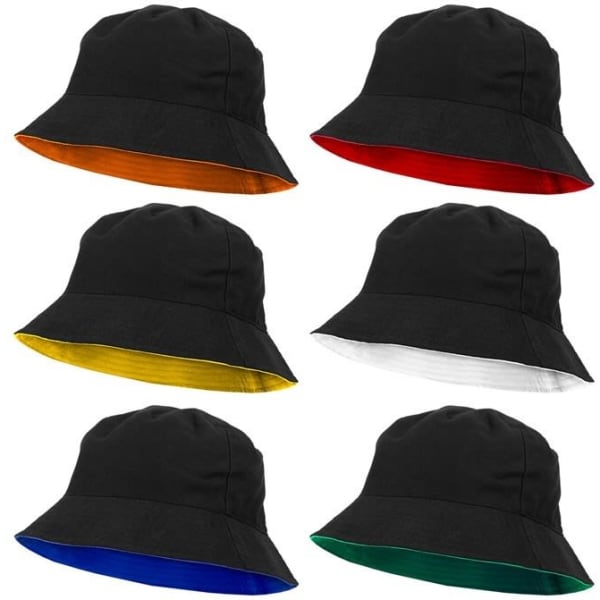 A collection of six reversible bucket hats in black with various coloured brims: orange, red, yellow, white, blue, and green.