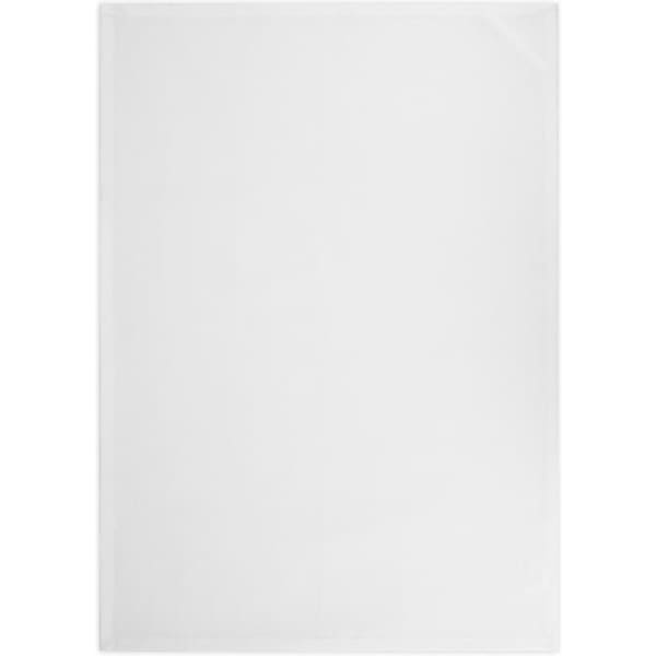 A white tea towel with a smooth surface and a subtle sheen, featuring a logo in the corner.