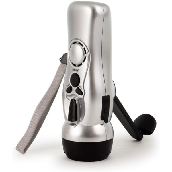 A silver radio torch with a black base, featuring a handle and a charging crank. It has a logo.