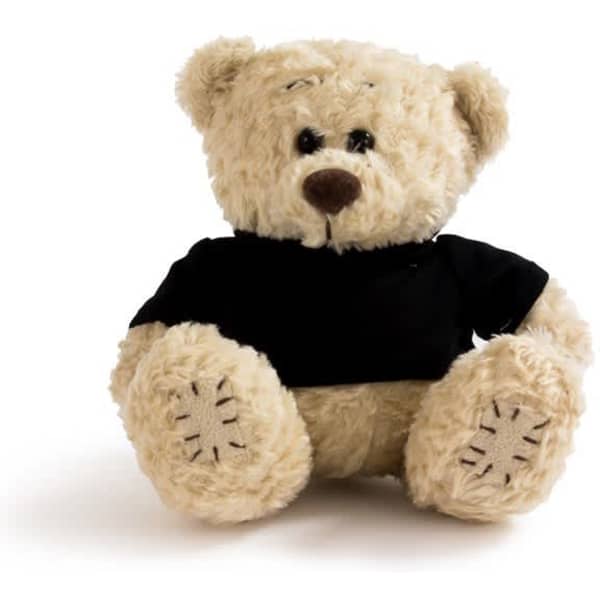 A teddy bear wearing a snug black t-shirt, featuring plush fur and stitched paws.