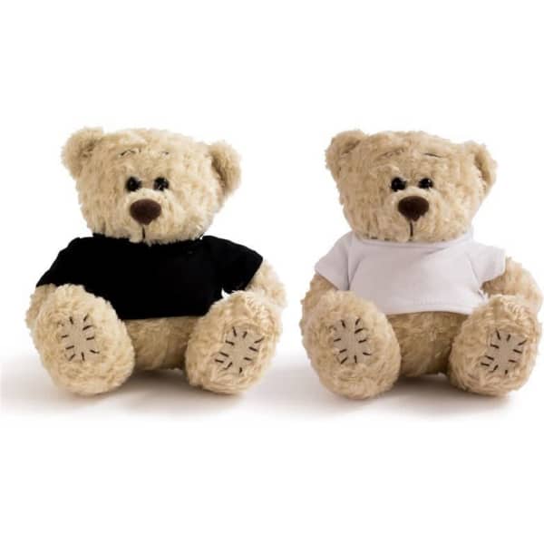 Two plush teddy bears with beige fur, one wearing a black shirt and the other wearing a white shirt.