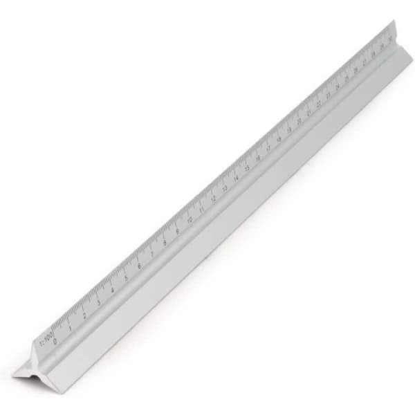 A scale ruler in white with marked measurements along its length. It features a simple design and a logo.