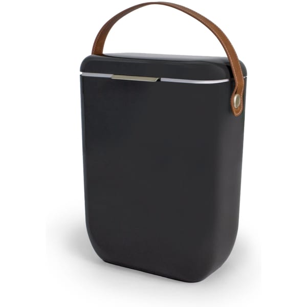 A hard case cooler in black with a brown leather handle. Includes a sleek, modern design.