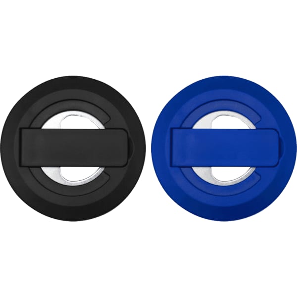 A black and blue recycled plastic magnetic phone stand featuring a built-in bottle opener with a branding logo.
