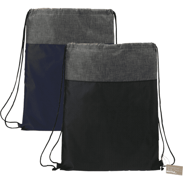 A drawstring bag featuring a grey top and black or navy body, with a logo on the side. Made from recycled materials.