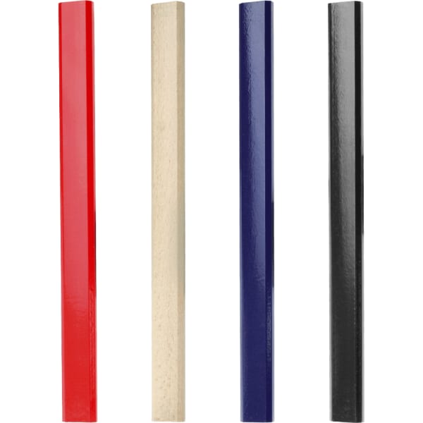 A set of four pencils in red, beige, navy blue, and black, with a glossy finish. Each pencil has branding.