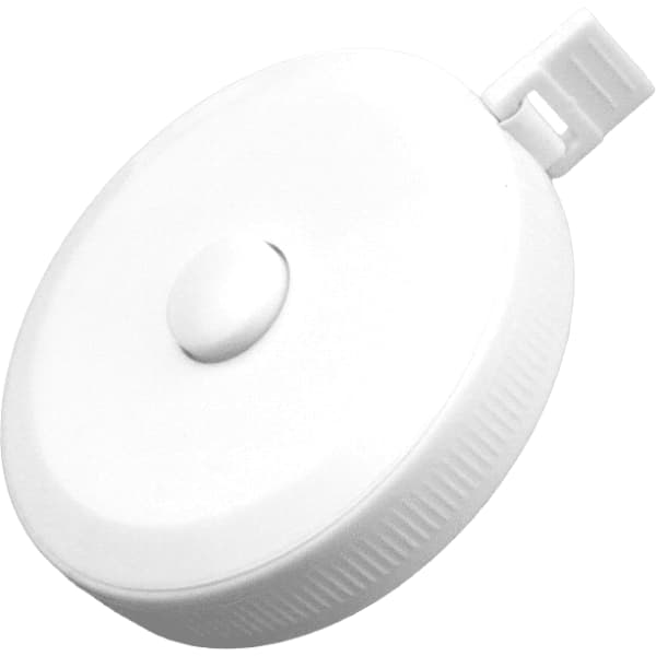 A white 1.5m tape measure with a round casing and a button for retracting the tape. It features a logo on the surface.