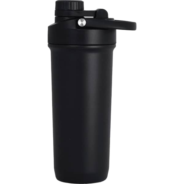 A drink bottle in matte black with a secure lid and a built-in shaker mechanism, featuring a logo.
