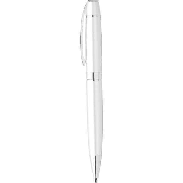 A sleek white metal pencil with silver accents and a clip, featuring a logo on the body.