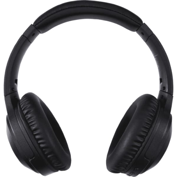 A pair of black over-ear headphones with padded ear cups and a curved headband, featuring a logo.