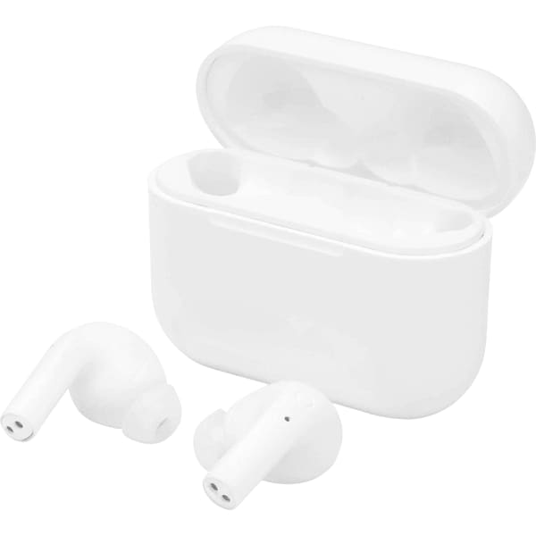 White wireless earbuds with a matching charging case displayed open. The case has a sleek design and a logo.