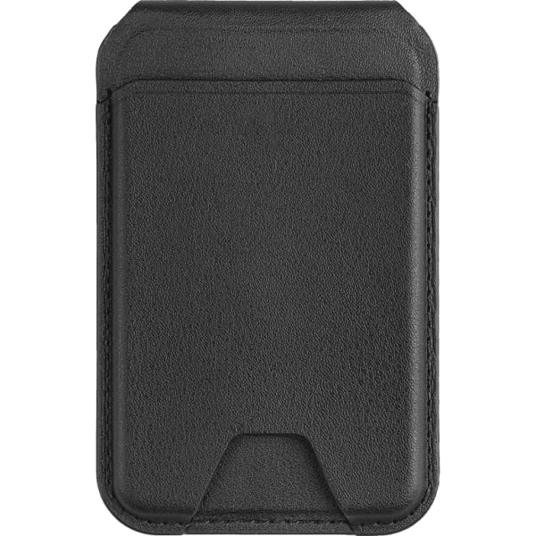 A black magnetic wallet and phone stand with a sleek, minimalist design, featuring a logo on the surface.