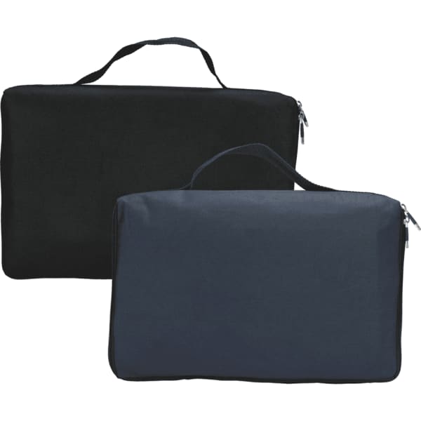 A set of two picnic rugs in black and dark navy, featuring waterproof backing and carrying handles.