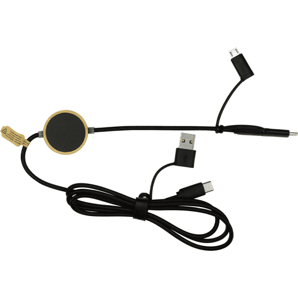 A 120cm black recycled charging cable with a micro adaptor and USB connection, featuring a round adapter.