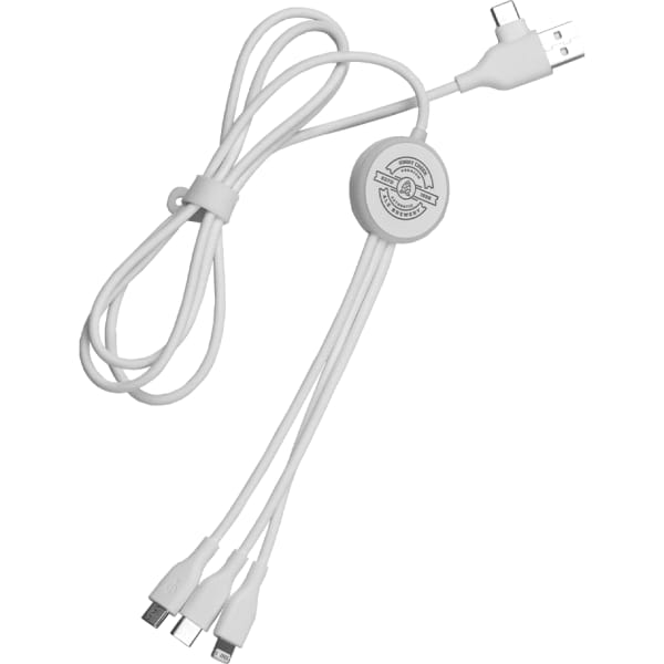 A white 120cm recycled 6-in-1 charging cable with multiple connectors and a circular logo.