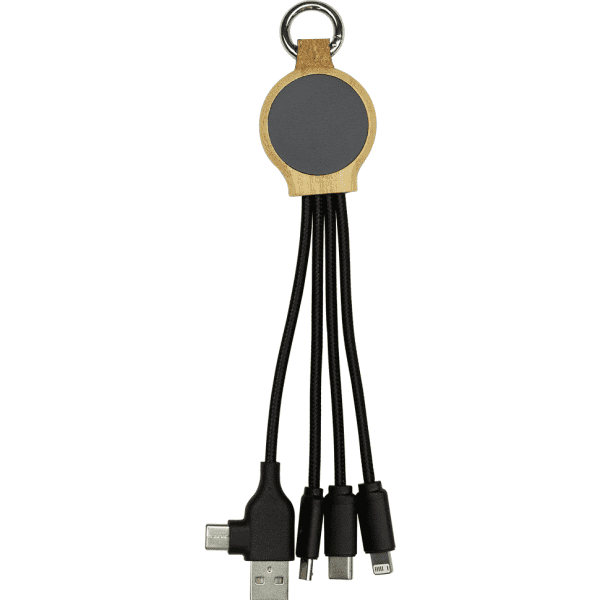 A 16.5cm recycled charging cable featuring multiple connectors in black, with a wooden circular attachment at the top.