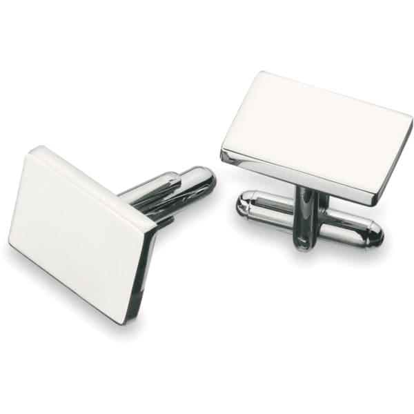A pair of plain rectangular cufflinks in silver with a white finish. They feature a logo on one side.