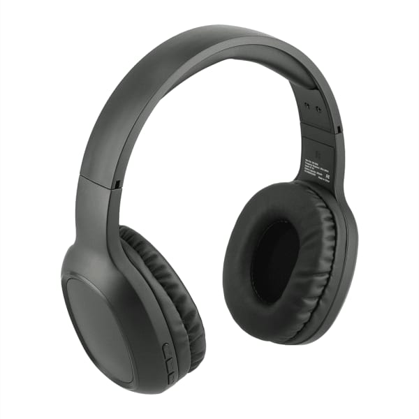Black Bluetooth headphones with soft ear cushions and adjustable headband, featuring a simple design and a logo.
