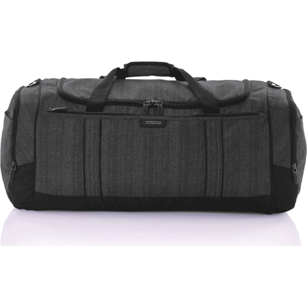 A grey duffle bag with black accents featuring multiple zippered pockets and sturdy handles.