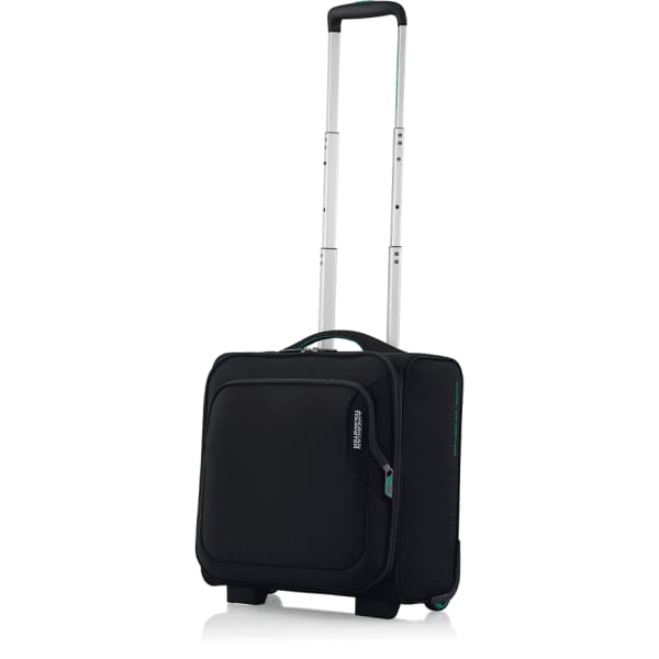 A black wheeled underseater suitcase with a retractable handle and a logo.