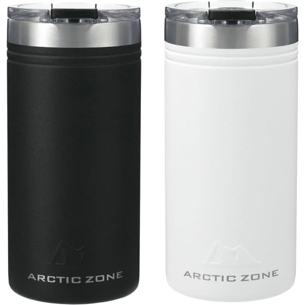 A drink bottle set featuring a black and a white Arctic Zone Titan Thermal HP Slim Cooler with a silver lid.