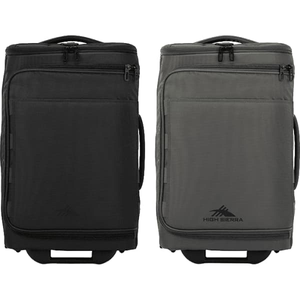 A wheeled duffle bag in black and grey with zippers and handles, featuring a logo on the side.