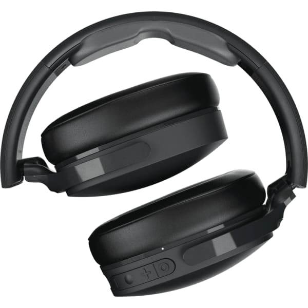 A pair of black wireless headphones with a sleek design and adjustable headband, featuring a logo on the side.