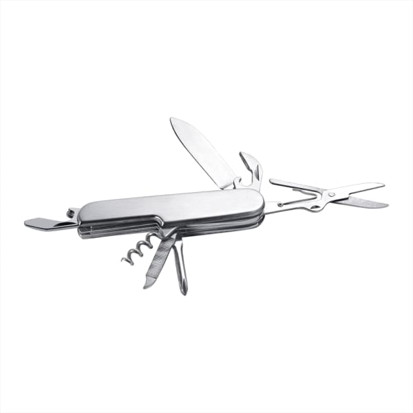 A stainless steel multi-tool with multiple functions, including blades, scissors, and a corkscrew. It features a small logo.