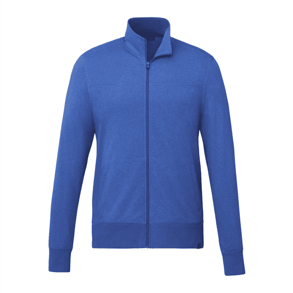A blue full zip fleece jacket for men, featuring a collar and long sleeves. It has a logo on it.